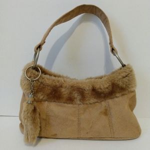 Tan Faux Suede Faux Fur Trim Baggett Zip Pockets Handbag